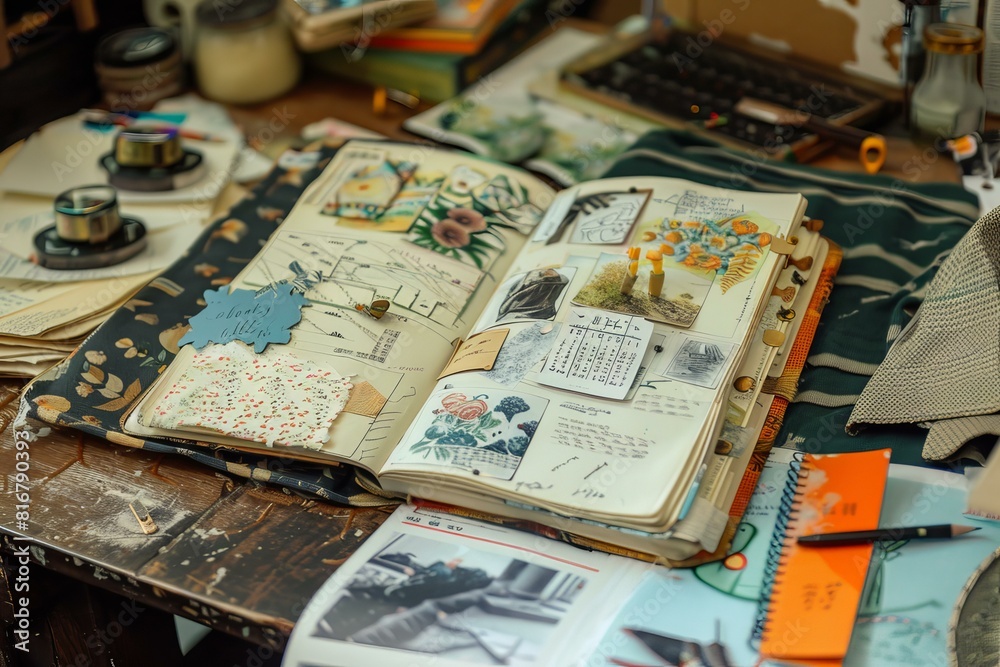 Open scrapbook full of designs and notes on a cluttered artist's workspace