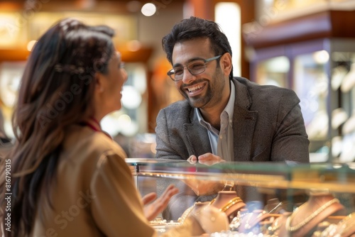 A sales associate Caucasian male and a customer Middle Eastern female are smiling and interacting while looking at jewelry in a store