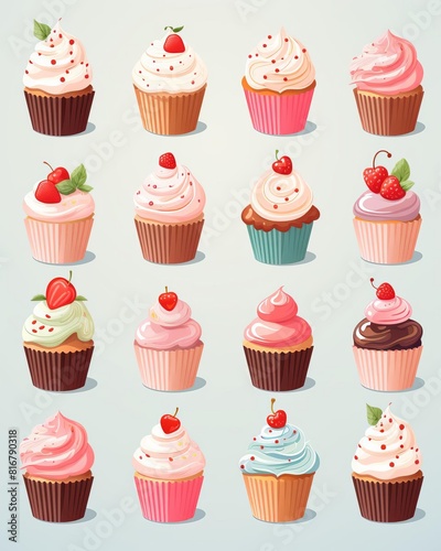 A variety of  delicious cupcakes with different toppings.