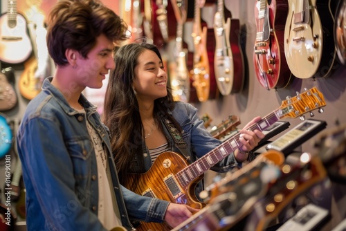 A Caucasian man and Hispanic woman are looking at guitars in an exhibit