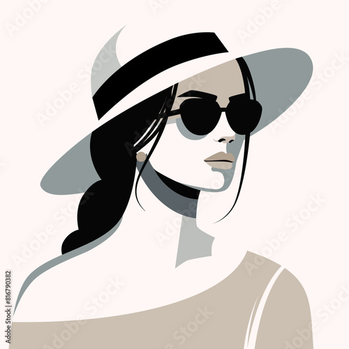 Young beautiful fashionista in a brimmed hat and sunglasses. Beautiful feminine design. Abstract minimalistic modern woman portrait