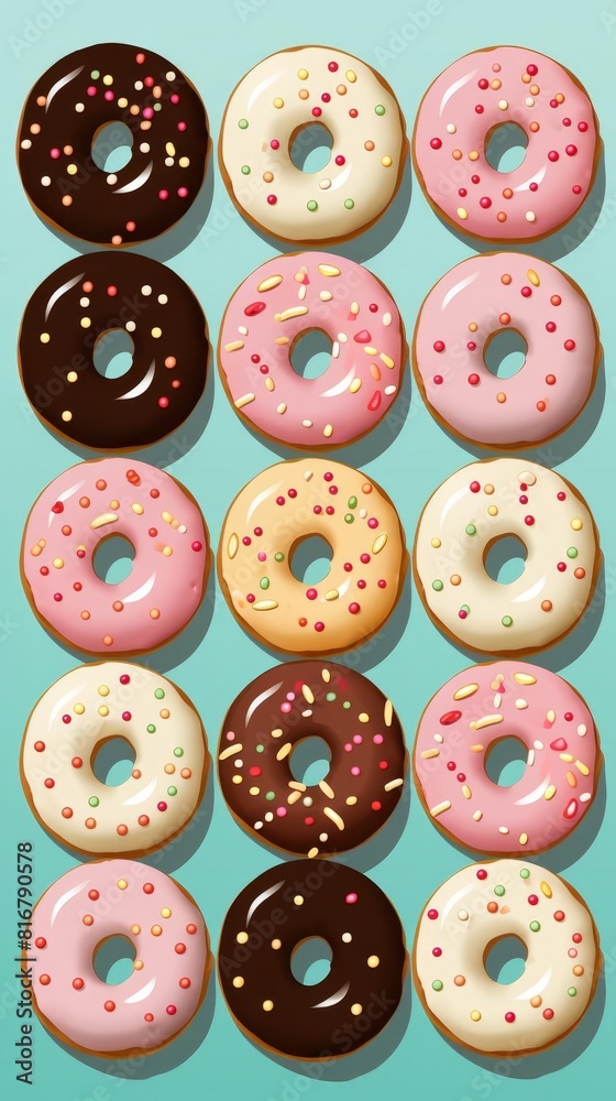 A variety of donuts with different toppings on a blue background. A variety of donuts with different toppings on a blue background.