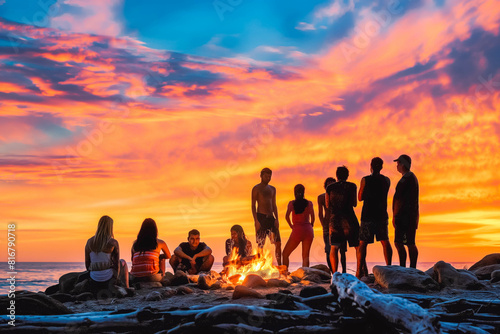 A group of diverse friends  Latina woman  South Asian man  Caucasian woman  gather around a campfire on a beach at sunset  silhouetted against the blazing sky.