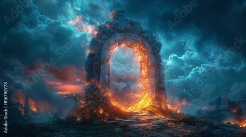 Title: Enchanted Gateway: Ancient Greek Doorframe Portal Amidst Nighttime Ruins