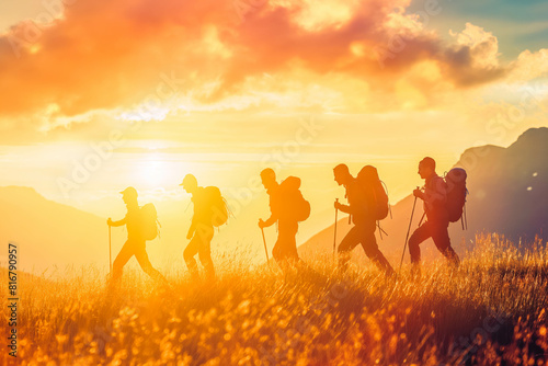 A joyful group of friends hiking through the mountains at sunset.