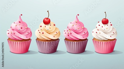 Four cupcakes with different icing and a cherry on top