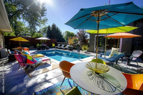 A sunny backyard with a sparkling swimming pool and patio furniture
