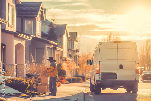 A Middle Eastern delivery driver unloads packages from a van in a residential neighborhood, houses glowing in the warm light of sunset. photo