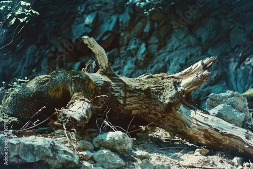 Bird sitting on top of a fallen tree, suitable for nature-themed designs