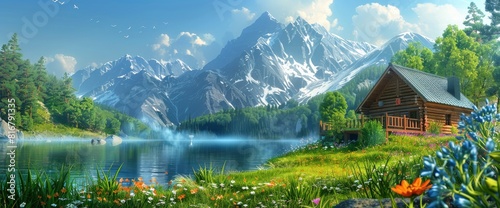 Beautiful Cabin In The Mountains, A Lake And Flowers In Front Of It, In The Style Of Anime, A Sunny Day, Bright Colors 