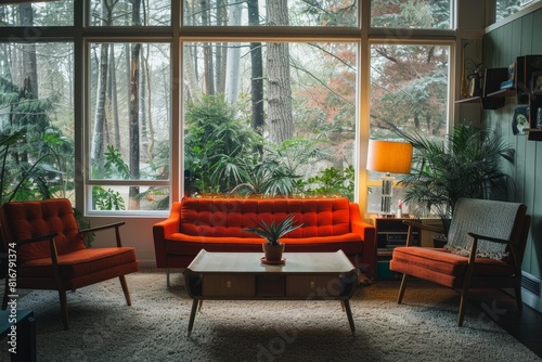 A well-furnished living room filled with midcentury modern furniture, featuring a striking red couch and large windows letting in natural light © Ilia Nesolenyi