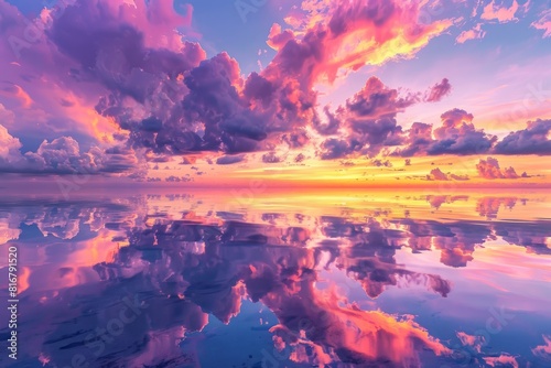 Colorful sky with clouds mirrored in calm water creates a stunning visual effect during sunset