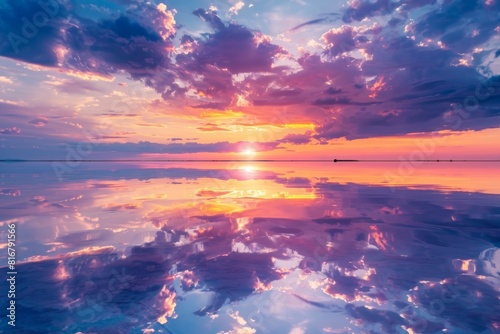 The sun is setting over the water  casting vibrant colors onto the clouds that are reflected in the calm body of water