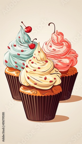 Three cupcakes with different frosting on beige background.