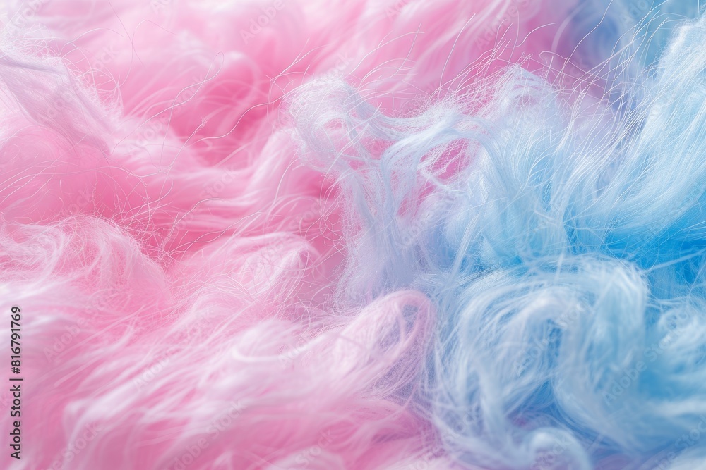 Close up view of intertwining pink, blue, and white cotton candy strands creating a soft and delicate background