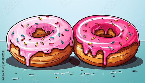 Two delicious donuts with pink icing and colorful sprinkles.