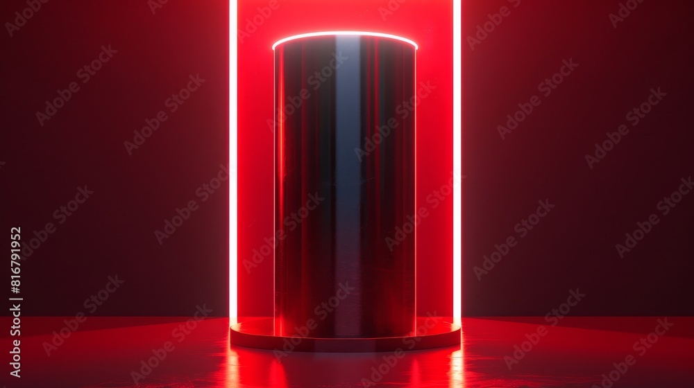 This is a realistic 3D modern illustration with empty goods display platform and stage mock-up. Red cylinder product podium in studio room interior with floor and wall, and neon light led lamps on