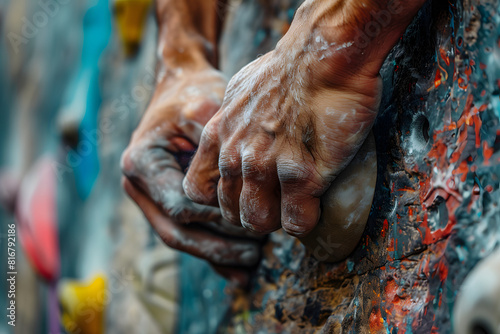 a bouldering enthusiast's hands gripping the handholds on a climbing wall, showcasing the strength and technique of the climber photo