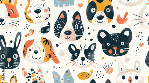 Seamless pattern with cute animals faces in doodle st