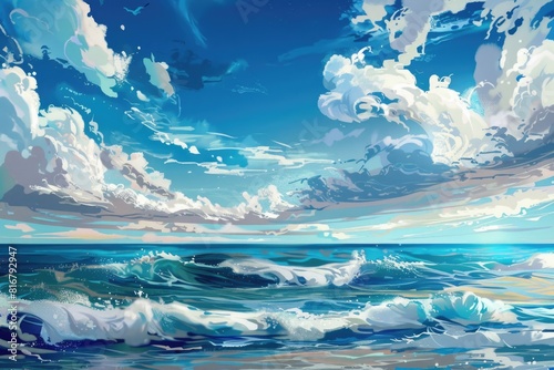 A painting of a serene blue ocean with fluffy white clouds. Perfect for travel or relaxation themed projects