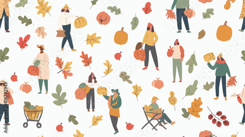Seamless pattern with people gathering crops in autum