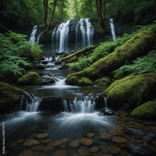 A serene waterfall in a lush forest.  