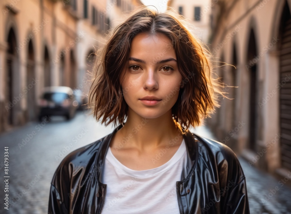 Portrait of a young girl with short hair on the street of the old town Portrait of a young girl with short hair on the street of the old town