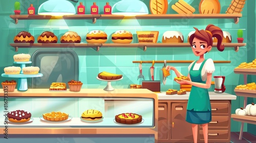 In this cartoon modern image, there is a bakery with bread, pies and cakes displayed on a showcase and racks with shelves. The bakery is staffed by a woman baker or shopkeeper who cuts pastry for