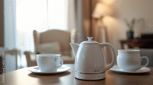 Electric kettle with cups on table