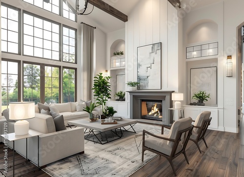 Cozy living room in a luxury new construction home with a high ceiling  fireplace and large windows with soft lighting and beautiful white 