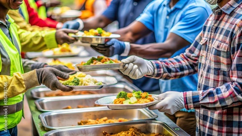 Volunteers close up are serving meal to homeless