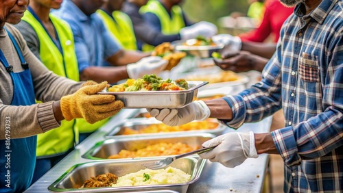 Volunteers close up are serving meal to homeless