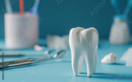 Dental concept. White tooth mockup and dental instruments on blue background