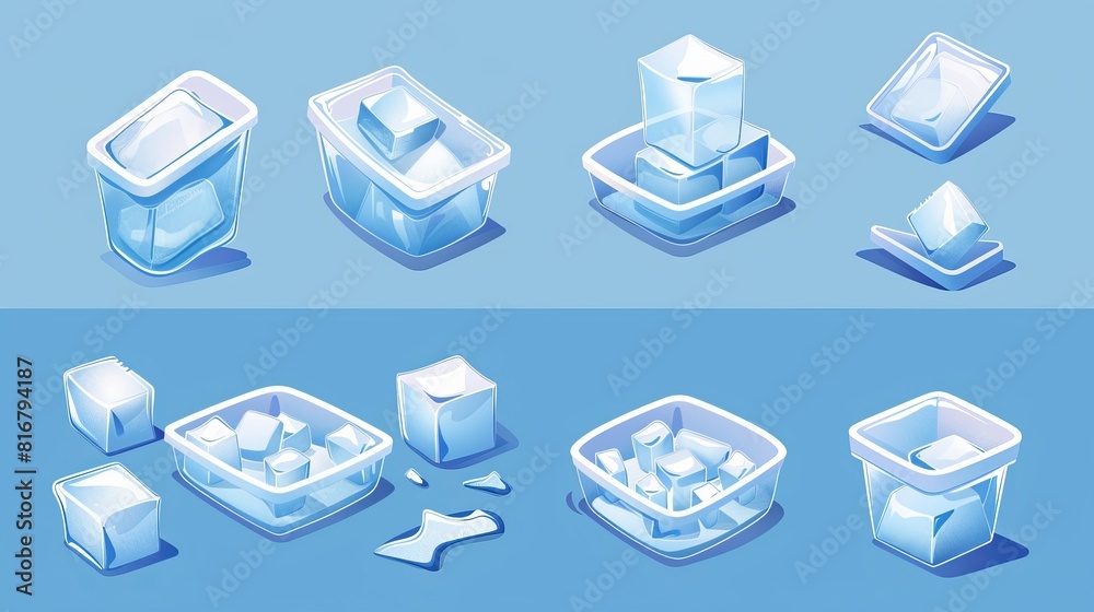 An illustration of melting ice cubes with a pool of liquid in a blue ...