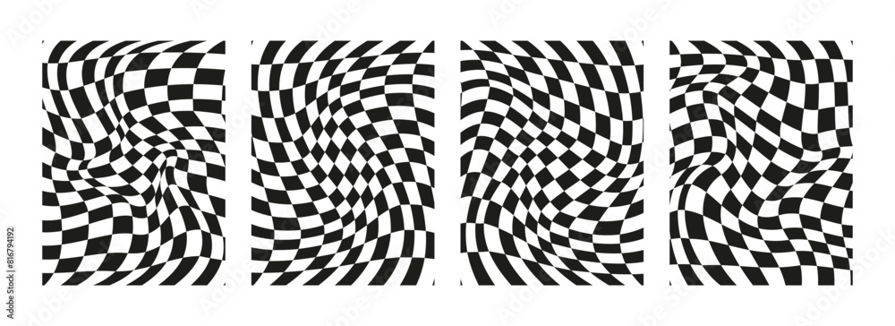 Black and white abstract checkered backgrounds. Chess board optical modern art. Psychedelic illusion, swirls. Hippie groovy monochrome covers, posters, cards, banners. Vector illustration. 
