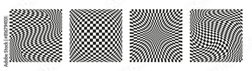 Black and white abstract square backgrounds. Geometric checkered board. Optical illusion, modern art. Psychedelic groovy swirls. Hippie covers, posters, cards, banners. Vector illustration. 