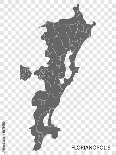 High Quality map of Florianopolis is a city of Brazil, with borders of the districts. Map of Florianopolis city for your web site design, app, UI. EPS10.