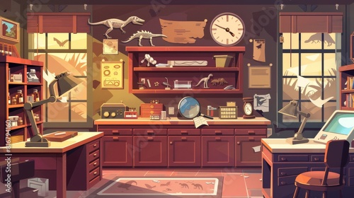 A lab for an archaeologist in a prehistoric museum with evolution evidence being examined. A research cabinet for a paleontologist for analysis and study with a magnifying glass. photo