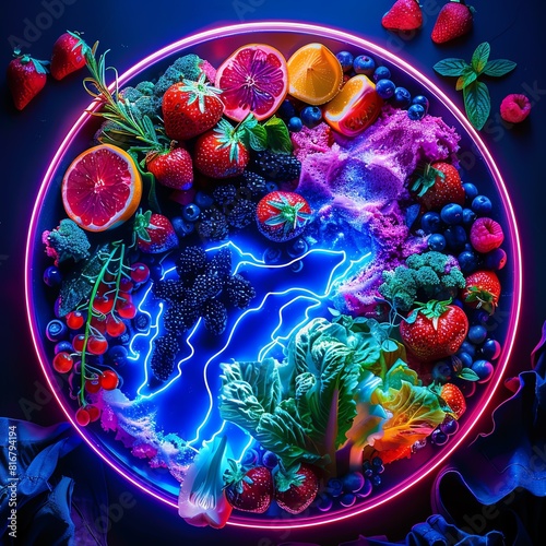 Top-down photo of an avant-garde salad, with ingredients placed to form a natural landscape, captured in a vibrant neon light style. photo