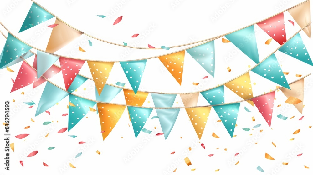 A party garland with triangle flags isolated on white background. Modern illustration of birthday, anniversary, carnival decoration banners with colored pennants. A party garland with triangle flags isolated on white background. Modern illustration of birthday, anniversary, carnival decoration banners with colored pennants.