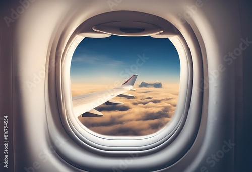 Ventana de avion con vista al ala y a las nubes de fondo