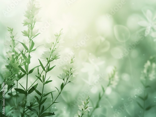 Soft green abstract background with translucent plants and light bokeh effects
