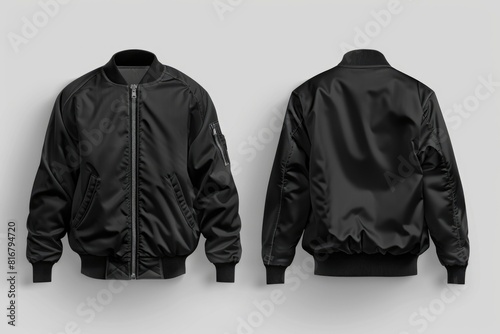 A stylish black bomber jacket on a clean white background. Perfect for fashion or clothing concepts