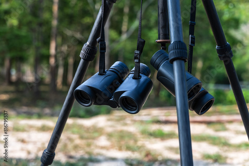 Close up birdwatch binocular on tripod in birdwatching nature park