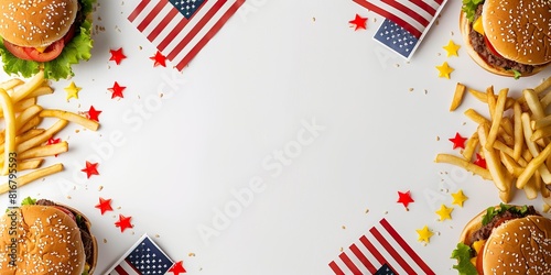 American patriotic holiday Independence Day, French fries and hamburgers on a table background, with empty space for text