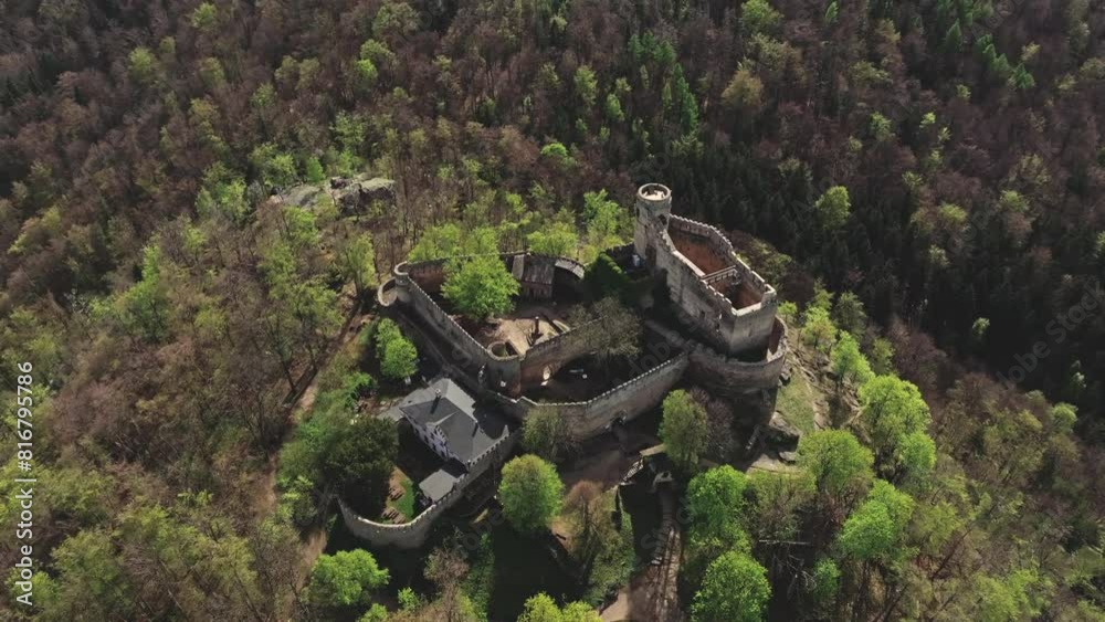 Chojnik Castle and Carpathian landscapes seen from the sky.