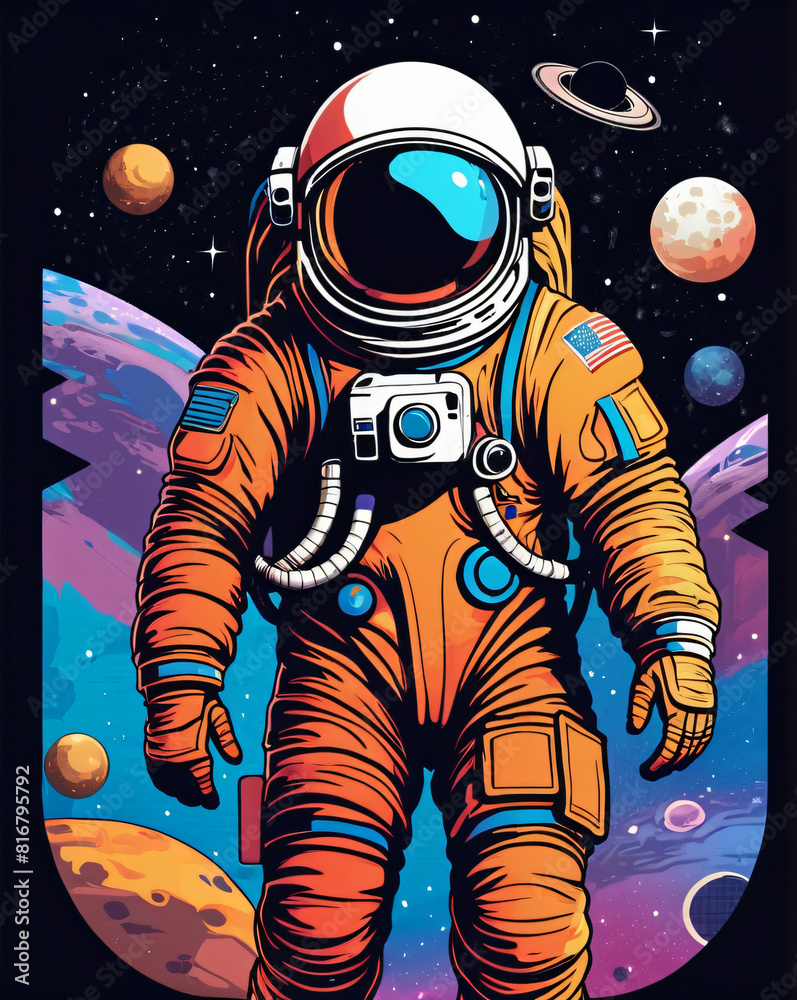 Astronaut im All - Ein Astronaut in einem orangen Raumanzug schwebt im All mit Planeten und Sternen Astronaut im All - Ein Astronaut in einem orangen Raumanzug schwebt im All mit Planeten und Sternen