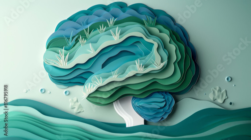 Innovative paper cut brain design with calming blue waves and green landscapes for mental health themes.