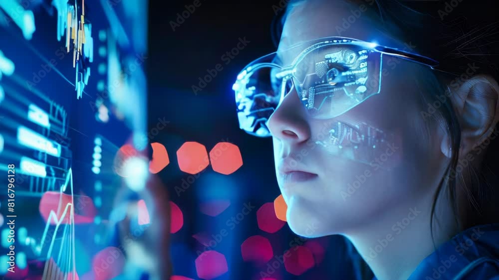 A young woman with glasses looking at data and graphs on a screen A young woman with glasses looking at data and graphs on a screen
