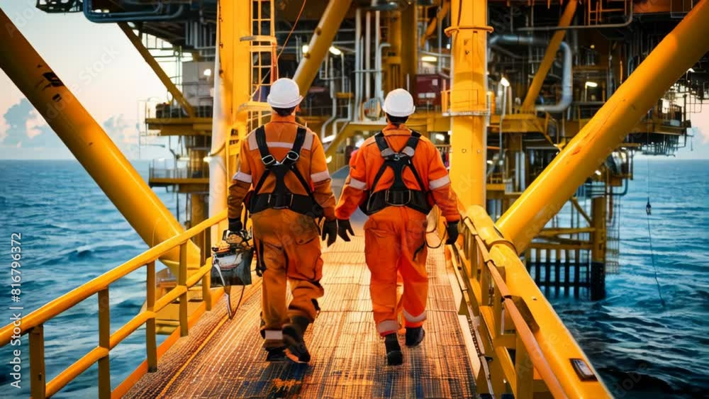 Two oil and gas workers on an industrial platform Two oil and gas workers on an industrial platform